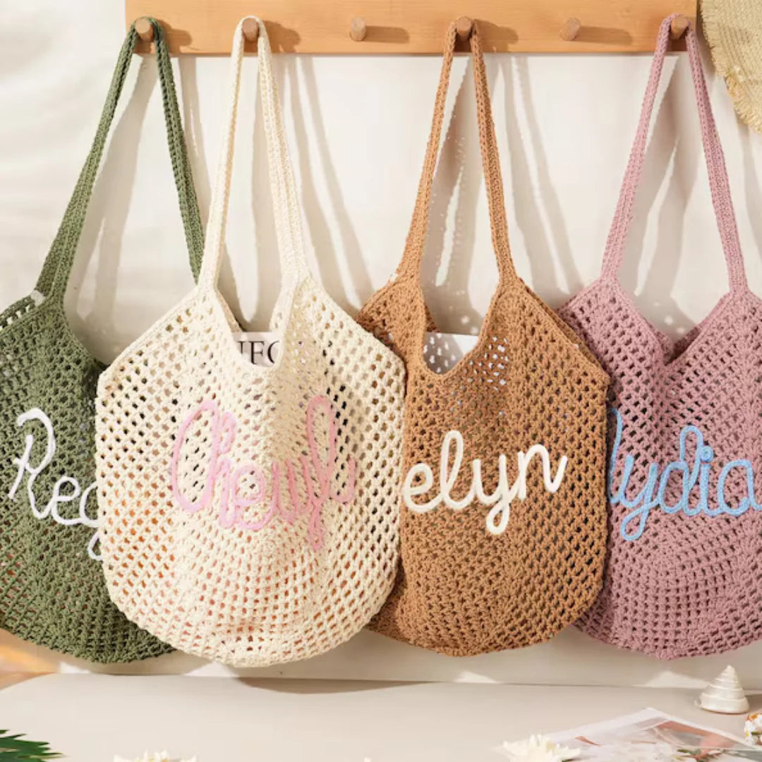 Uionen Custom Name Handmade Embroidery Hollow Knit Bag Large Woven Underarm Shoulder Bag Daily Commute Beach Bag