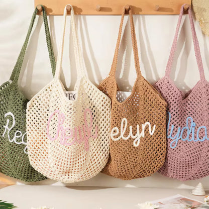 Uionen Custom Name Handmade Embroidery Hollow Knit Bag Large Woven Underarm Shoulder Bag Daily Commute Beach Bag