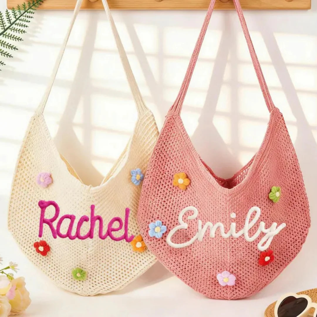 Uionen Custom Name Handmade Embroidery Hollow Knit Bag Large Woven Underarm Shoulder Bag Daily Commute Beach Bag