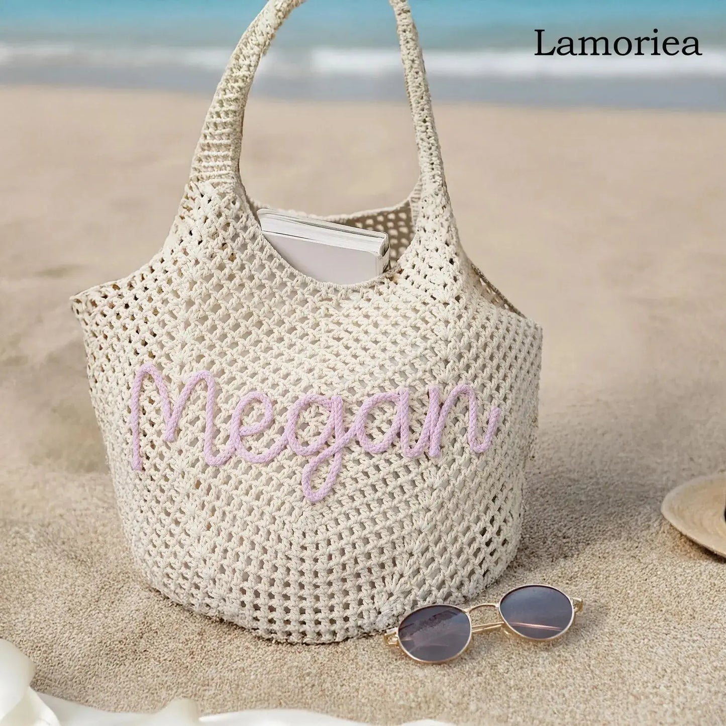 Uionen Custom Name Handmade Embroidery Hollow Knit Bag Large Woven Underarm Shoulder Bag Daily Commute Beach Bag