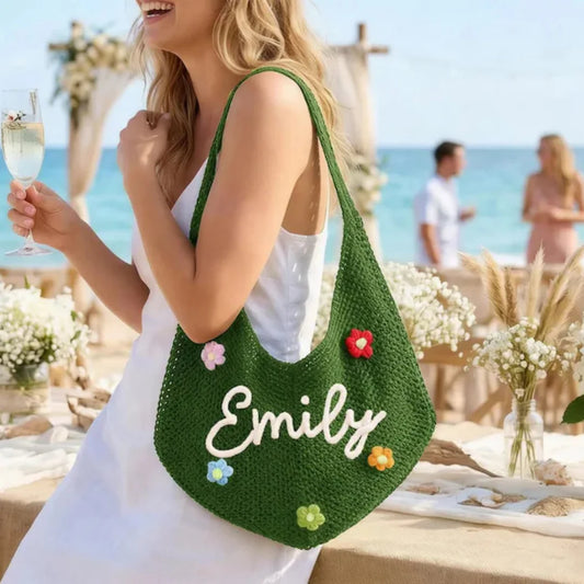 Uionen Custom Name Handmade Embroidery Hollow Knit Bag Large Woven Underarm Shoulder Bag Daily Commute Beach Bag