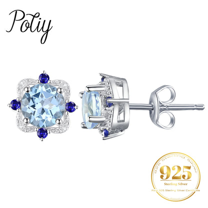 Potiy 925 sterling silver Natural Sky Blue Topa Earring for women jewellery elegant sets  retro luxury quality  valentines Gifts